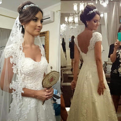 A-Line White Lace Long Wedding Dress with Beadings Elegant Applique Short Sleeve Zipper Bridal Gown