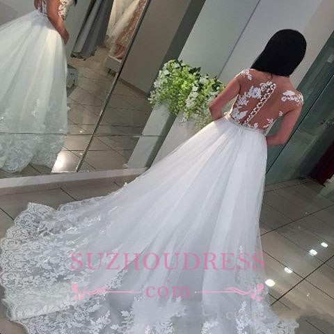 A-Line White Romantic Cap-sleeve Lace Wedding Dresses