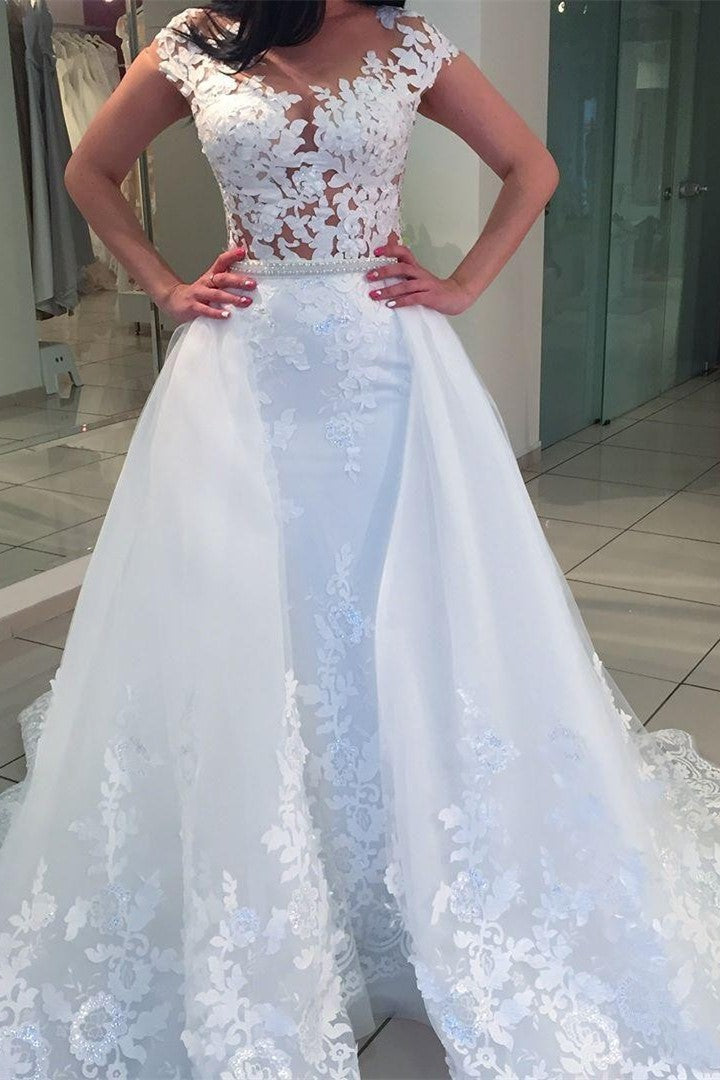 A-Line White Romantic Cap-sleeve Lace Wedding Dresses