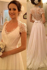 A-Line White Short Sleeve Long Beach Wedding Dress Latest Chiffon Long Plus Size Bridal Gown