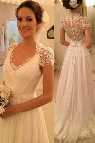 A-Line White Short Sleeve Long Wedding Dress Latest Chiffon Long Plus Size Bridal Gown