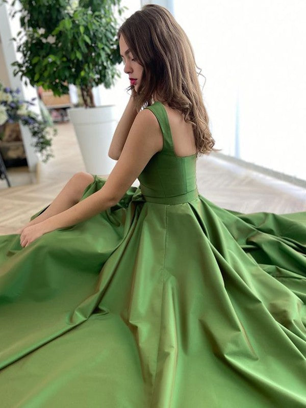 A-Line/Elegant Straps Sleeveless Satin Ruffles Prom Dresses
