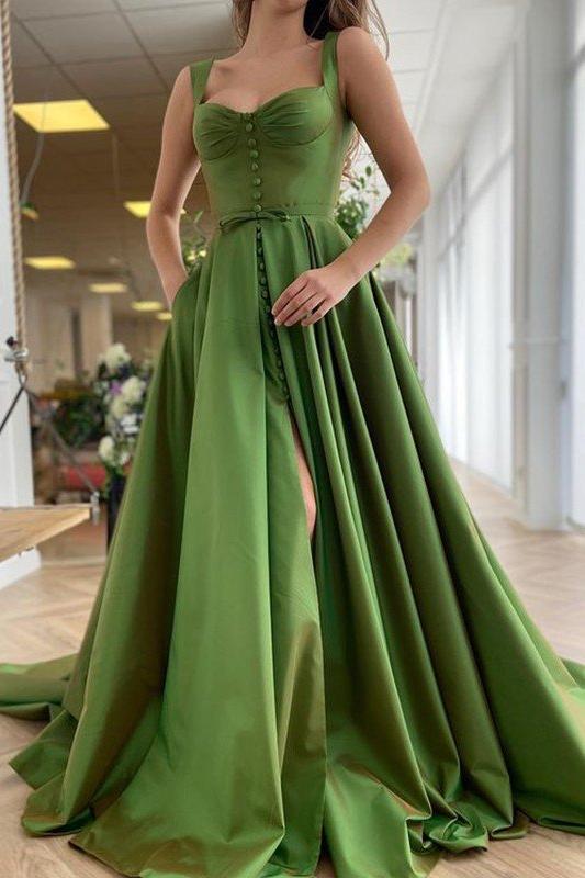 A-Line/Elegant Straps Sleeveless Satin Ruffles Prom Dresses