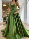 A-Line/Elegant Straps Sleeveless Satin Ruffles Prom Dresses