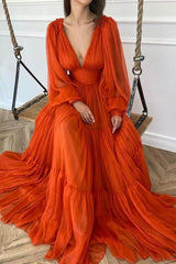 A-Line/Elegant V-neck Long Sleeves 3D Chiffon Ruffles Prom Dresses