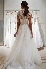 A-line Cap Sleeve Wedding Dress V-neck Lace Appliques Bridal Gowns with Buttons