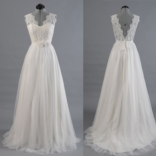 A-line Lace Beach Wedding Dresses Tulle Skirt Sleeveless V-back Summer Bridal Gown