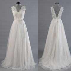 A-line Lace Wedding Dresses Tulle Skirt Sleeveless V-back Summer Bridal Gown