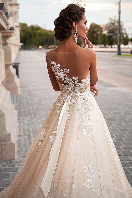A-Line Light Champagne Wedding Dresses Lace Sheer Tulle Stunning Bridal Gowns BA3192 | Suzhoufashion A-Line Light Champagne Wedding Dresses Lace Sheer Tulle Stunning Bridal Gowns BA3192 | Suzhoufashion