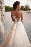 A-line Light Champagne Wedding Dresses Lace Sheer Tulle Stunning Bridal Gowns BA3192