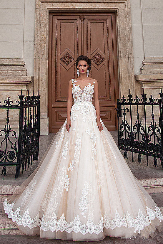 A-Line Light Champagne Wedding Dresses Lace Sheer Tulle Stunning Bridal Gowns BA3192 | Suzhoufashion A-Line Light Champagne Wedding Dresses Lace Sheer Tulle Stunning Bridal Gowns BA3192 | Suzhoufashion