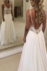 A-line Open Back V-neck Lace Chiffon Wedding Dress
