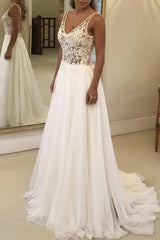 A-line Open Back V-neck Lace Chiffon Wedding Dress