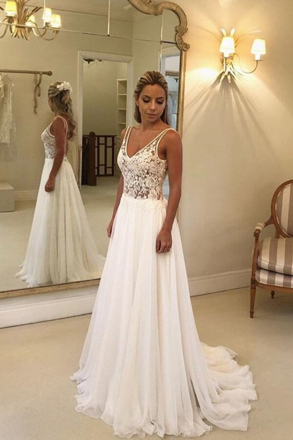 A-line Open Back V-neck Lace Chiffon Wedding Dress