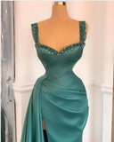 Affordable Green Satin Slit Long Prom Dress On Sale