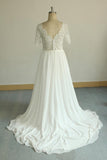 Affordable Halfsleeves V-neck Chiffon Wedding Dress | White A-line Ruffles Bridal Gowns