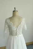 Affordable Halfsleeves V-neck Chiffon Wedding Dress | White A-line Ruffles Bridal Gowns