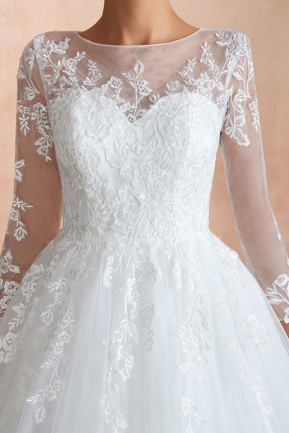 chinese dress ladies Puff Long Sleeve Illusion A Line Lace Classic Wedding Dress Inexpensive 42