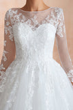 Affordable Lace Jewel White Tulle Wedding Dress with 3/4 Sleeves