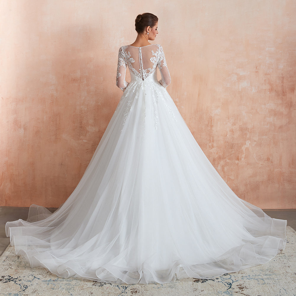 Affordable Lace Jewel White Tulle Wedding Dress with 3/4 Sleeves
