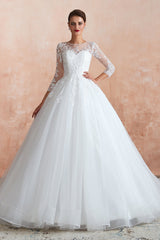 Affordable Lace Jewel White Tulle Wedding Dress with 3/4 Sleeves