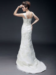 Affordable Mermaid Off Shoulder Wedding Dress Organza Short Sleeve Bridal Gowns with Sweep Train