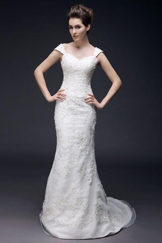 Affordable Mermaid Off Shoulder Wedding Dress Organza Short Sleeve Bridal Gowns with Sweep Train