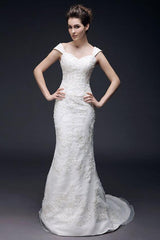 Affordable Mermaid Off Shoulder Wedding Dress Organza Short Sleeve Bridal Gowns with Sweep Train