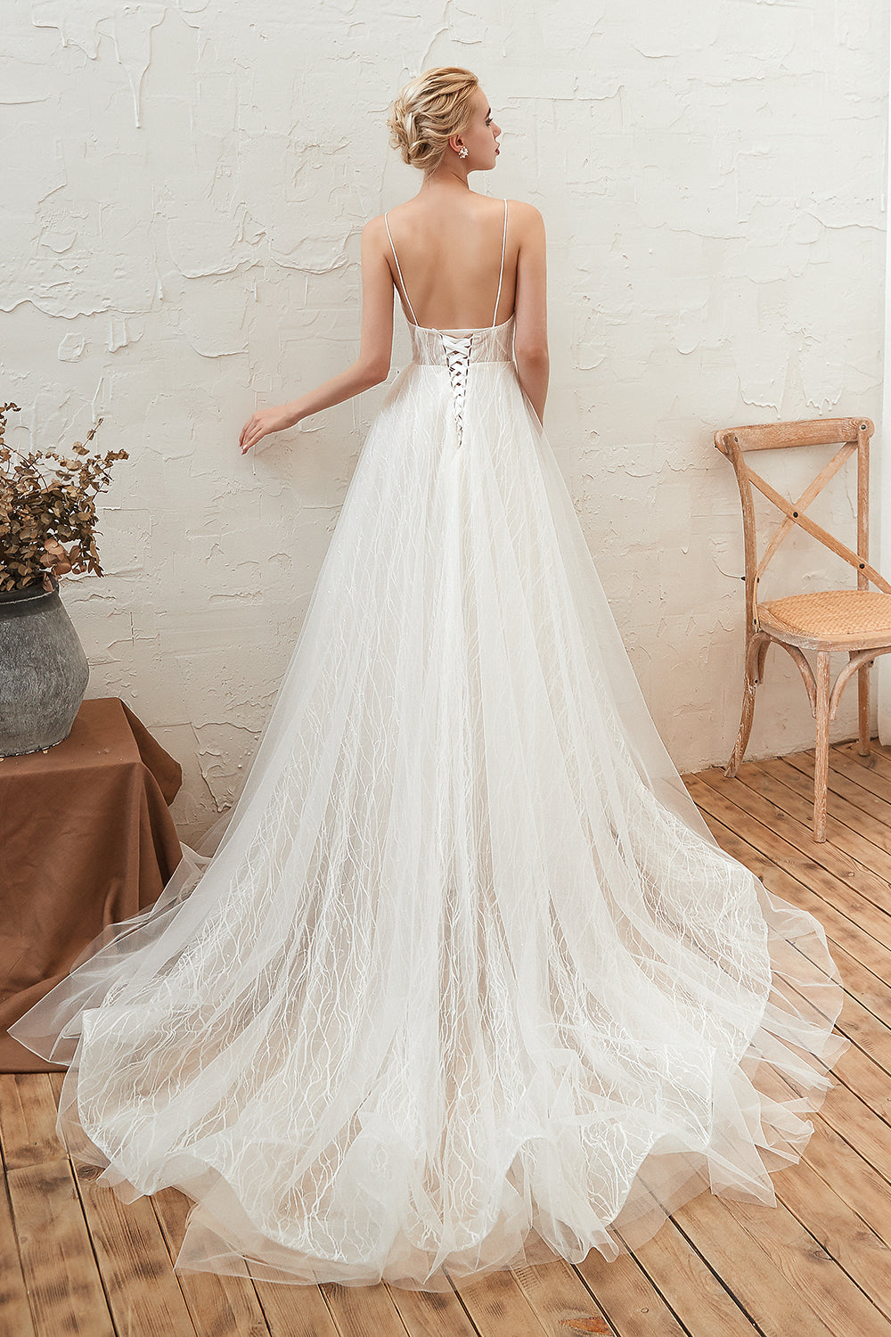 Affordable Tulle V-Neck Long Wedding Dress with Appliques