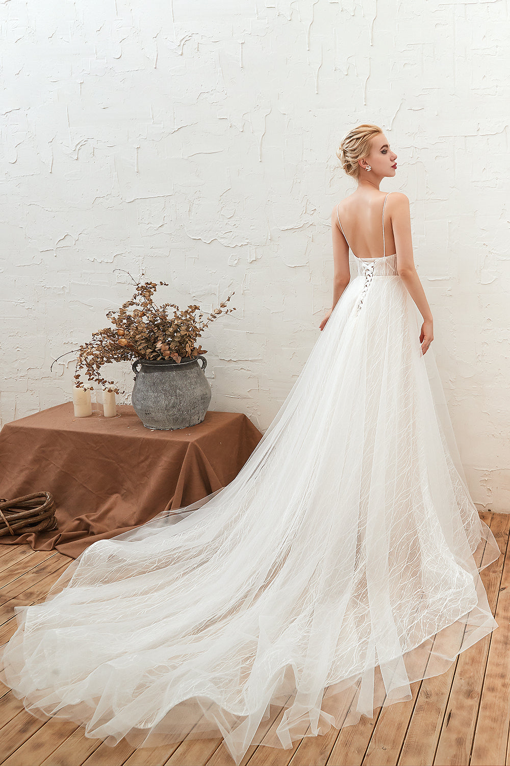 Affordable Tulle V-Neck Long Wedding Dress with Appliques