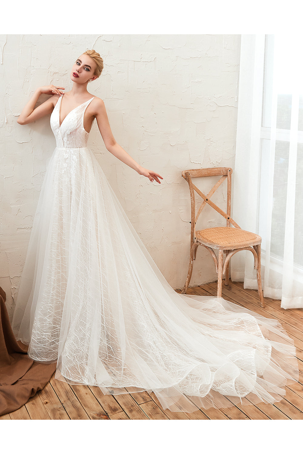Affordable Tulle V-Neck Long Wedding Dress with Appliques