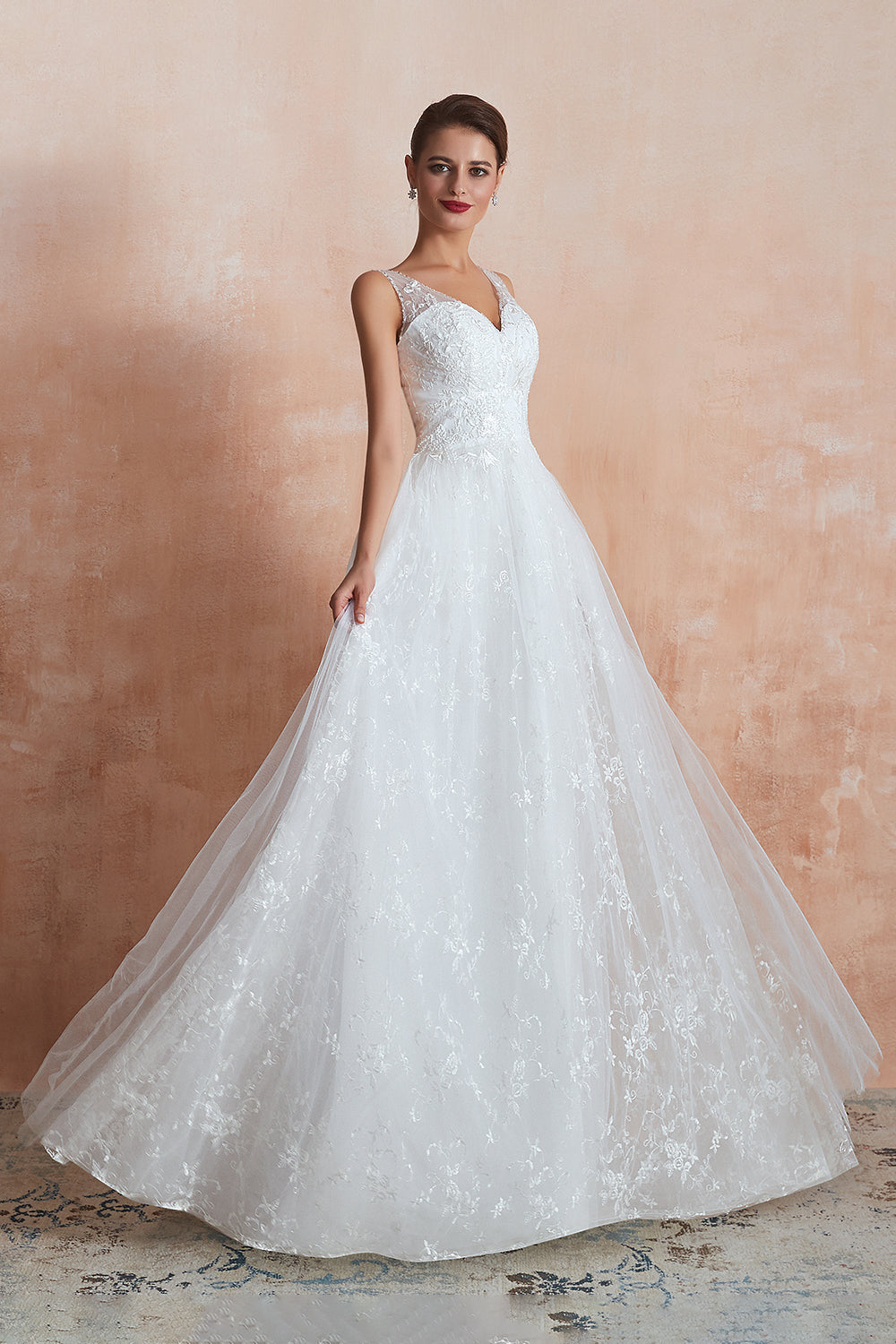 Affordable V-Neck Tulle Lace Long White Wedding Dress
