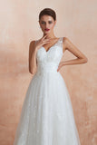 Affordable V-Neck Tulle Lace Long White Wedding Dress
