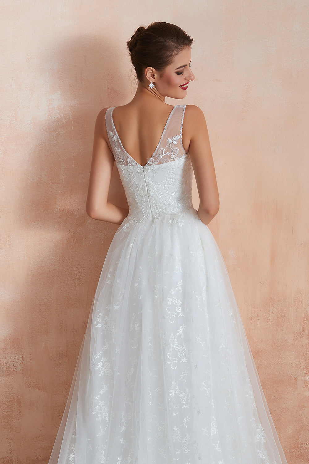 Affordable V-Neck Tulle Lace Long White Wedding Dress