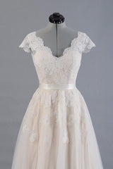 Affordable V-neck A-line Wedding Dress | Shorts leeves Tulle Lace Bridal Gowns