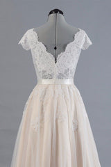 Affordable V-neck A-line Wedding Dress | Shorts leeves Tulle Lace Bridal Gowns