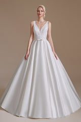 Aline Wedding Dress Sleeveless V-Neck Satin Bridal Dress with Floral Lace Pattern