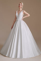 Aline Wedding Dress Sleeveless V-Neck Satin Bridal Dress with Floral Lace Pattern