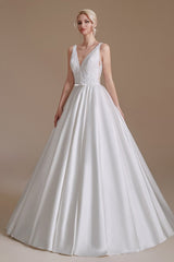 Aline Wedding Dress Sleeveless V-Neck Satin Bridal Dress with Floral Lace Pattern