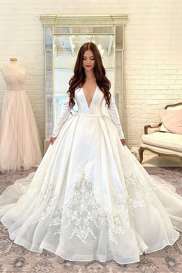 Allering Deep-V-Neck Long Sleeves Wdding Dress Oline