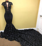 Amazing Black Prom Dress Lace Flowers Long Train Mermaid Formal Evening Gowns