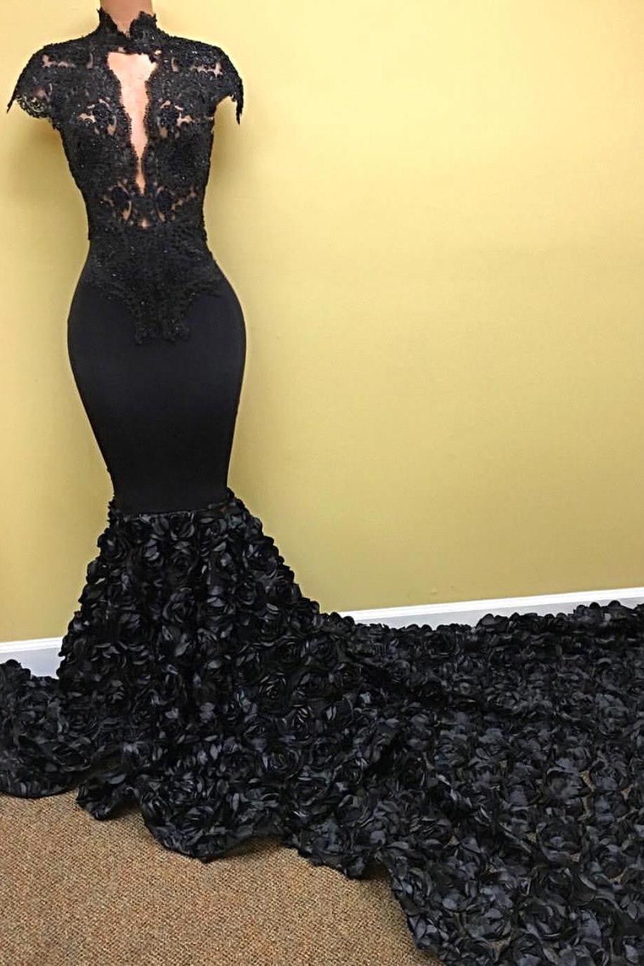 Amazing Black Prom Dress Lace Flowers Long Train Mermaid Formal Evening Gowns