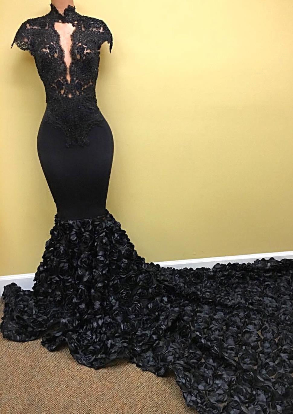 Amazing Black Prom Dress Lace Flowers Long Train Mermaid Formal Evening Gowns