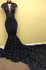 Amazing Black Prom Dress Lace Flowers Long Train Mermaid Formal Evening Gowns