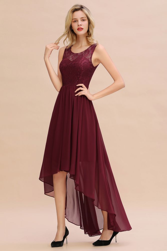 Amazing Burgundy Hi-Lo Evening Party Dress Sleeveless Lace Bridesmaid Dress