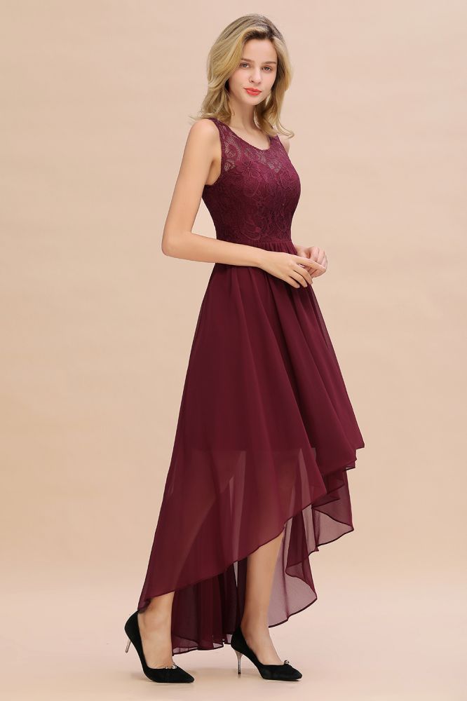 Amazing Burgundy Hi-Lo Evening Party Dress Sleeveless Lace Bridesmaid Dress