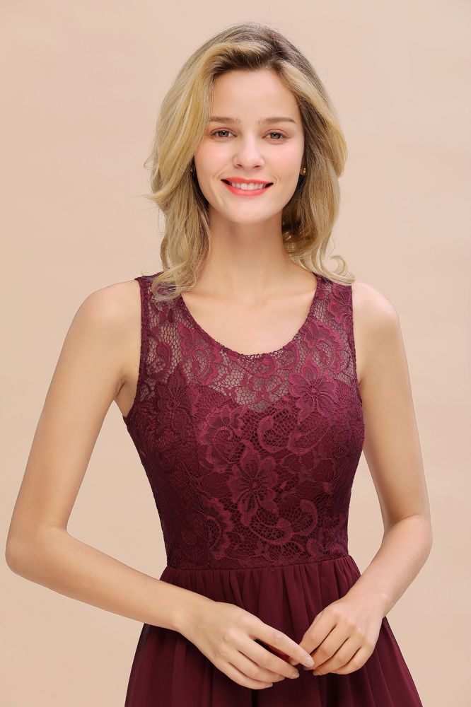 Amazing Burgundy Hi-Lo Evening Party Dress Sleeveless Lace Bridesmaid Dress