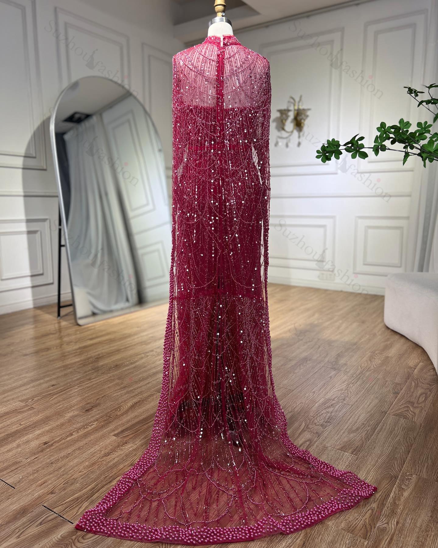 fuchsia mermaid prom dress Amazing Fuchsia Mermaid Prom Dress Beadings Pearls With Cape – suzhoufashion