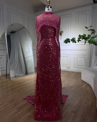 Amazing Fuchsia Mermaid Prom Dress Beadings Pearls With Cape