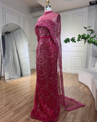 Amazing Fuchsia Mermaid Prom Dress Beadings Pearls With Cape